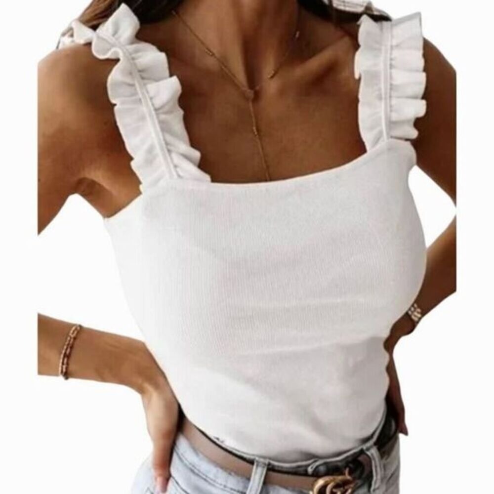 Sexy Cream Low Cut Ruffle Rib Tank Top | Extra Large |‎ NWT | SKU132
